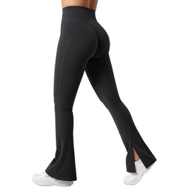 YEOREO Flare Split Hem Leggings for Women Tummy Control Workout Leggings Nasreen Hidden Scrunch Bootcut Gym Yoga Pants Black S