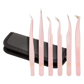Juego de 6 pinzas de precisión para extensiones de pestañas con estuche de almacenamiento (rosa claro)