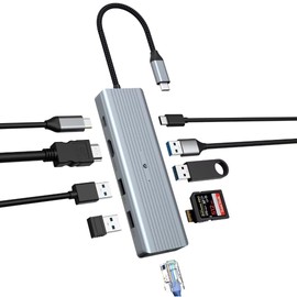 OOTDAY USB C Hub, 10 in 1 USB Extension for MacBook Pro/Air, HP, Lenovo, Gigabit Ethernet, SD/TF Reader, 4K HDMI, USB C Ethernet Adapter