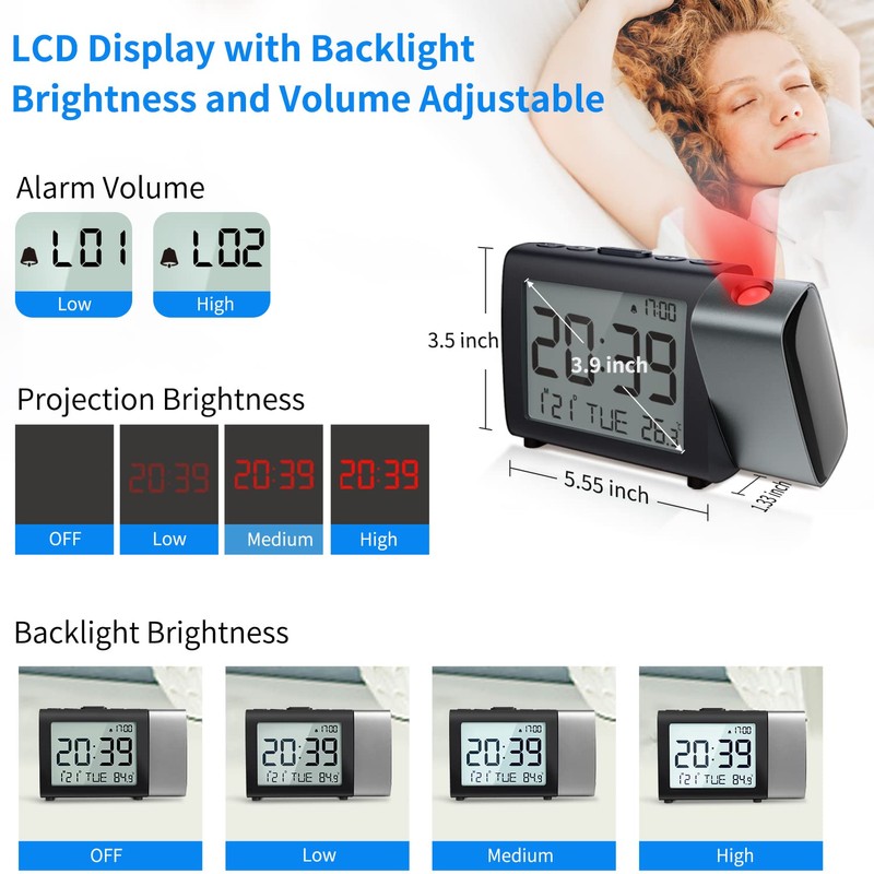 MeesMeek Projection Alarm Clock for Bedroom: Digital LCD Clock with