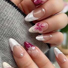 ROFIBUT White Pink French Tip Press on Nails Medium Almond Fake Nails with Pearl Designs Glossy 3D Floral False Nails Reusable Cute Summer Flowers Glue on Nails for Women 24Pcs