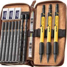 Nicpro 17PCS 1.3 mm Mechanical Pencil Set in Leather Bag with 90 Lead Refill,3 Eraser,12 Eraser Refills- Weatherproof Metal Barrel,Heavy Duty Carpenter Pencil for Outdoor Marking Drawing Woodworking