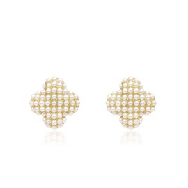 QUKE Golden Four Leaf Clover Simulated Pearl Stud Earrings Elegant Earrings for Women Girls Pierced, Zinc