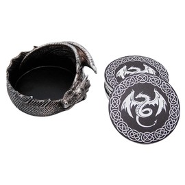 Dragon Engraved Coaster Holder with Flying Dragon Coasters, Set of 4 Coasters, Gothic Decor, 4.5 Inches