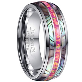 Vakki Tungsten Carbide Ring Suitable for Men/Women 8 mm Dome Design Abalone Shell and Opal Inlay Size 54 to 72 (17.2-22.9), Tungsten, magenta