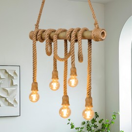 WALMHEIM 5-Light Farmhouse Chandelier Dining Room Light Fixture, Natural Bamboo & Hemp Rope Pendant Lights Kitchen Island, Boho Rustic Hanging Pendant Lighting for Bar Cafe Bedroom Living Room Decor