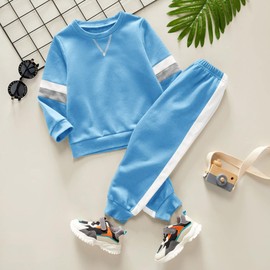 Valphsio Conjunto de chándal de bloque de color para niño, sudadera casual, pantalones deportivos, Azul / Patchwork, 5-6 Años