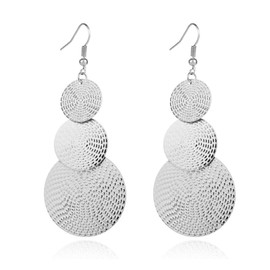 MALOYANVE Carved Round Earrings for Women Lightweight Bohemia Geometric 14K Gold Round Disc Triple Long Earrings Dangle Drop Filigree Carved Statement Earring (Silver)