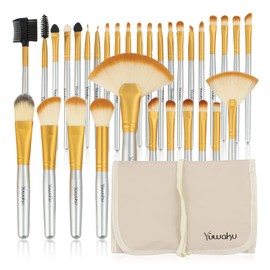 Yuwaku - Juego de brochas de maquillaje para base de maquillaje en polvo, colorete, sombra de ojos, 32 piezas, sin derrames, cerdas de fibra...       