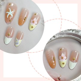 Summer Press on Nails Medium Almond - Summer Nail Design with Tropical Flower,Starfish & Gold Pearls | Beach Nails Press ons | Reusable,Glossy,Full Cover Stick on Nails for Women Manicure 30 Pcs