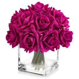 JINWOE - Rosas falsas con tallos de color rojo rosa, 10 rosas sintéticas de seda suave al tacto real, rosa artificial realista para centros de mesa de boda, fiesta, decoración del hogar