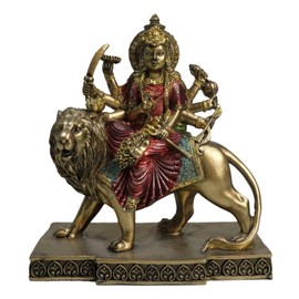 Ebros Colorful Eight Handed Hindu Goddess Durga with Religious Articles Sitting On Majestic Lion Sculpture The Invincible Devi Shakti Independence Hinduism Altar Figurine