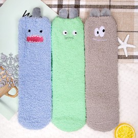 Loritta 3 Pairs Womens Fuzzy Socks Winter Warm Fluffy Soft Slipper Home Sleeping Cute Animal Socks,N-Monsters