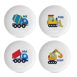 4E's Novelty 4 Melamine Kids Plate Set for Boys, Construction Toddler Plate Set - Truck Character Child Dinnerware Set with Fun and Joy, BPA-Free, 10-Inch Lightweight Construction Dinnerware for Kids