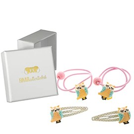HAARallerliebst Hair Accessories Set (4 Pieces | Hand-Painted Owls | Colourful) for Girls with Storage Box (Box Colour: White)