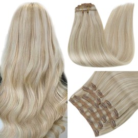 RUNATURE Blonde Clip in Hair Extensions Real Human Hair Platinum Blonde Highlight Ash Blonde Clip in Human Hair Extensions 16 Inch 105g Blonde Hair Extensions Clip on Extensions Remy Hair