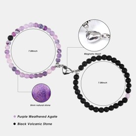 2 PCS Magnetic Couples Bracelets for Women Men,Natural Stone Stone Beads Bracelet His and Hers Relationship Bracelet for Boyfriend Girlfriend Valentines Day Gifts (Purple + Black)