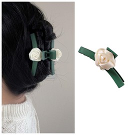 Vacaonio French Camellia Hair Claw Clip Jaw White Flower Hairclip Claw Clamp Medium Plastic Green Hair Claw Thick Curly Hair Claw Non Slip Hairclip Claw Decorative Hair Accessories for Women