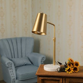VONLUCE Gold Desk Lamp with LED Bulb Adjustable, Antique Brass Metal Table Lamp Marble Base, Mid Century Modern Reading Lamp Office, 20’’ Industrial Task Lamp Work Lamp for Reading Bedroom