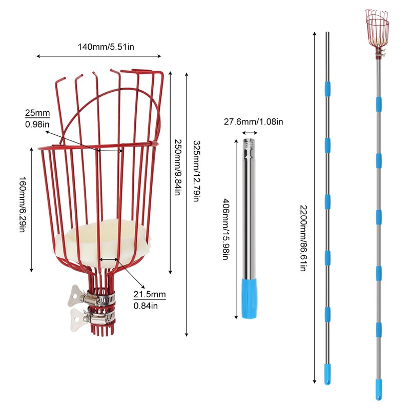 Omninmo Fruit Picker Pole with Basket, 3-8FT Telescoping Adjustable Tool