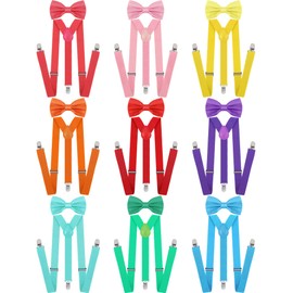 Handepo 9 Sets Solid Color Men's Suspender Bow Tie Set Elastic Bow Tie Suspenders Adjustable Bow Tie and Suspender Sets(Fresh Colors)