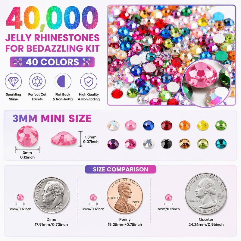 Rhinestones for Bedazzling Kit, 40000Pcs Multi-Color 3mm Resin Flatback Gems