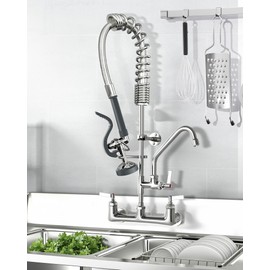 Commercial Kitchen Faucet Heavy Duty Wall Mount Sink Faucet, 8 Inch Center 25 Inch Commercial Kitchen Faucet with Pre-Rinse Sprayer （Grey） and 10 Inch Add-On Spout for 1,2,3 Compartment Sinks