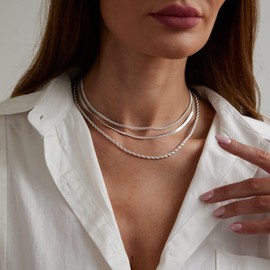 Amicon Women's 14k Silver Plated Layered Necklace Set, Dainty Herringbone Necklace, Trendy Layering Silver Chain Choker Necklace for Women & Girls, Aesthetic Jewelry Gift