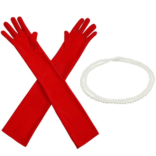 1920s Accessories for Women Costume Long Satin Gloves Fancy Dress Plastic Stick Pearl Necklace Set (Red Gloves, Classic Style)