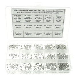 MCMASKE 850PCS M1 M1.2 M1.4 M1.6 M2 Metric Stainless Steel Phillips Pan Head Machine Screws Nuts Assortment Kit