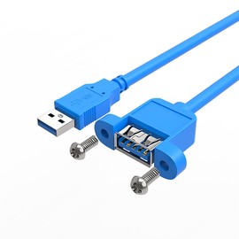 JUXINICE 2Pack USB3.0 Male to Female Extension Cable 1ft with Ears can be Fixed Various Chassis/Cabinets/Panels USB Extender W/Screw nut for USB Panel Mount Blue (USB3.0, 1FT)