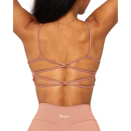 Danysu Womens Backless Sports Bra Open Back Workout Top Light Support Strappy Sport Bra Cute Gym Clothes Square Neck Peach Pink S