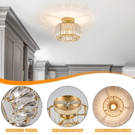 BUXVRCS Crystal Ceiling Light Fixture - Semi Flush Mount Ceiling Light Modern Chandelier Hallway Light Fixtures Ceiling Flush Mount Light Fixtures for Kitchen Bedroom Bathroom Entryway (Gold)