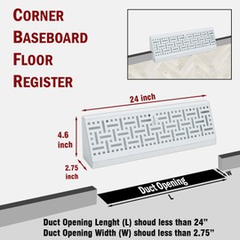 Fits 24" Baseboard Space | Corner Baseboard Register by Handua | Decorative Design | 24" External Length Register Vent Cover Grill | Adjustable Lever for Air Flow Control | White