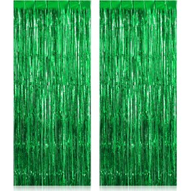 2 Pack Fringe Curtains Backdrops, Foil Fringe Curtains, Door Streamers for Birthday Wedding Bridal Shower Holiday Graduation Party Decorations, Photo Booth Backdrops Green