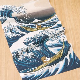 Hamamonyo Shiba Inu in Great Wave Kanagawa Chusen Tenugui Towel,White,34 x 90 cm