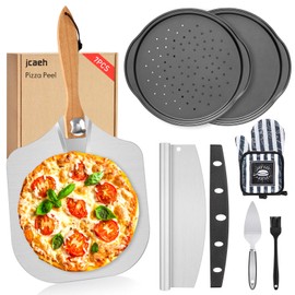 Pizza Peel Pizza Pan Set, 7Pcs Pizza Oven Accessories, 12 Inch Metal Pizza Paddle (12"x 14") with Foldable Wooden Handle, 2 Pizza Pans, Rocker Cutter, Pizza Server, Oven Mitts, Oil Brush