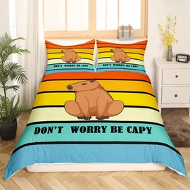 Cute Capybara Bedding Set for Boys Girls Kids, Funny Animal Comforter Cover Rainbow Aesthetic Geometric Stripes Duvet Cover Cartoon Kawaii Pet Quilt Cover with Zipper Closure & Corner Ties, Single
