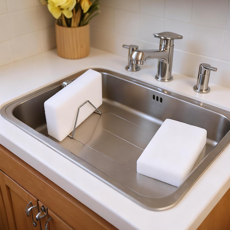 Rieoany Sponge Holder for Kitchen Sink with Two Nano-Sponges Stainless