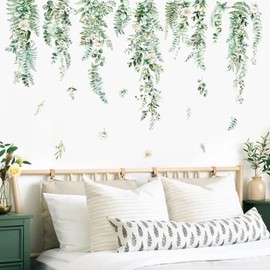 decalmile Green Plants Leaves Wall Decals Hanging Vines Tropical Flower Leaf Wall Stickers Bedroom Living Room Sofa TV Background Wall Decor