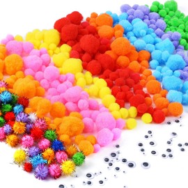 Caydo 2000 Pieces Assorted Sizes Multicolor Pompoms Glitter Pom Poms with 4 Sizes Wiggle Eyes for Hobby DIY Art Craft Supplies