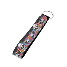 STUOARTE Skull Flower Printed Wristlet Keychain and Lanyard for Women with Key Ring, Neoprene Strap and Car Key Holder