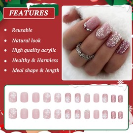 24Pcs Christmas Press on Nails Short Square, Glossy Pink Glitter False Nails with Rhinestone and Snowflake Designs, Removable Stick on Nails Acrylic Full Cover Fake Nails for Women Girls