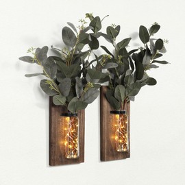 Heiple 2 Pack Wood Glass Wall Sconces, Farmhouse Planters for Indoor Plants, Rustic Decor for Living Room, Hanging Vase (Brown)
