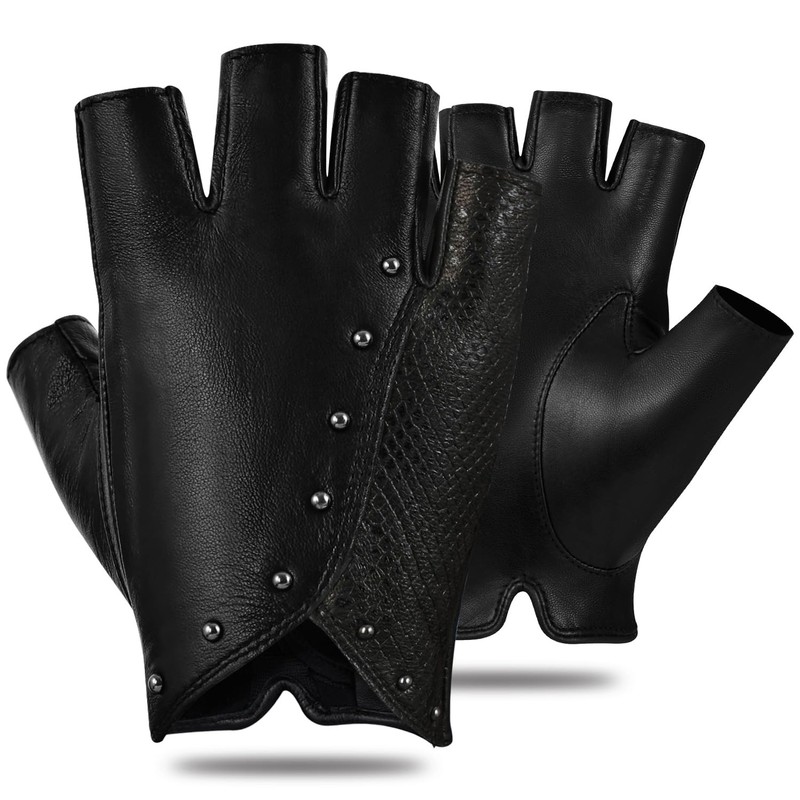 FIORETTO Womens Punk Fingerless Leather Gloves for Driving Motorcycle Unlined