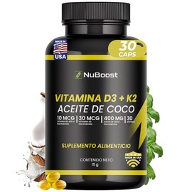 NUBOOST Vitamina D3 + K2 con Aceite de Coco – 400 UI D3 y 30 mcg K2 por Porción, 30 Softgels de Fácil Absorción – Suplemento Alimenticio Hecho en USA