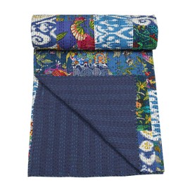 Marubhumi Colcha tradicional india de algodón puro, estampado de cachemira, colcha Kantha multicolor (multicolor-44, individual (60 x 90 pulgadas)