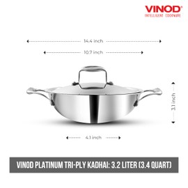 Vinod Platinum Triply Stainless Steel Kadai | Suitable For Indian Cooking, Sauces, Stews, Soups | Extra Deep Kadai With Lid | Induction, Electric Friendly (26cm)