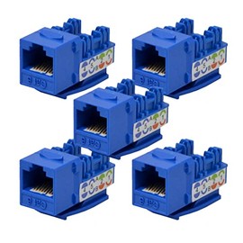 LOGICO 5 Pieces Cat6 Keystone Jacks Blue with Dust Cap – 22-26 AWG PCB Female RJ45 Connectors for Network Ethernet Wall Jack Insert | Cat6 110 Punch Down Block Socket 8-Port, 8-Connector (8P8C)
