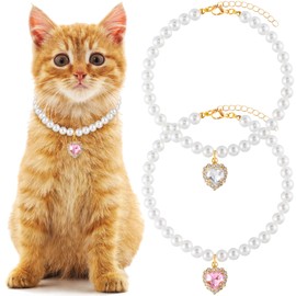 Mxxipp 2pcs Cat Pearl Collar with Heart Pendant, Cute Pearl Pet Necklace in Medium, Adjustable Wedding Party Small Dog Jewelry Accessories for Puppy Kitten- White & Pink